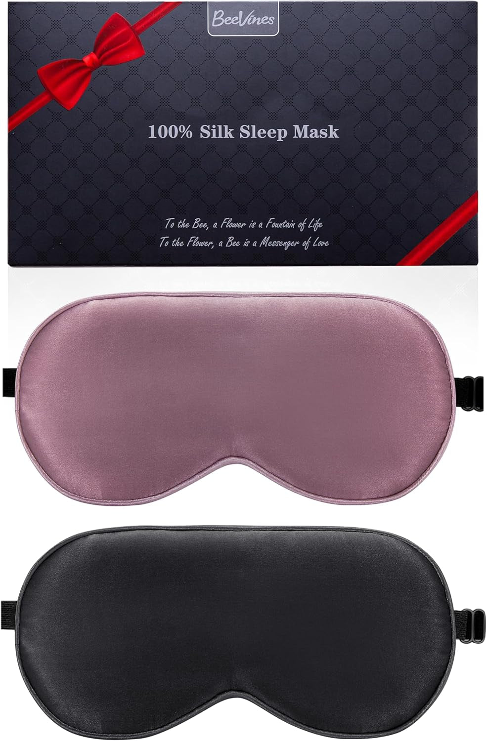 Beevines Sleep Mask, 2 Pack 100% Real Natural Pure Silk Eye Masks with Adjustable Strap for Sleeping, Mulberry Silk Eye Sleep Shade Cover, Blocks Light Reduces Puffy Eyes Traveling Gifts
