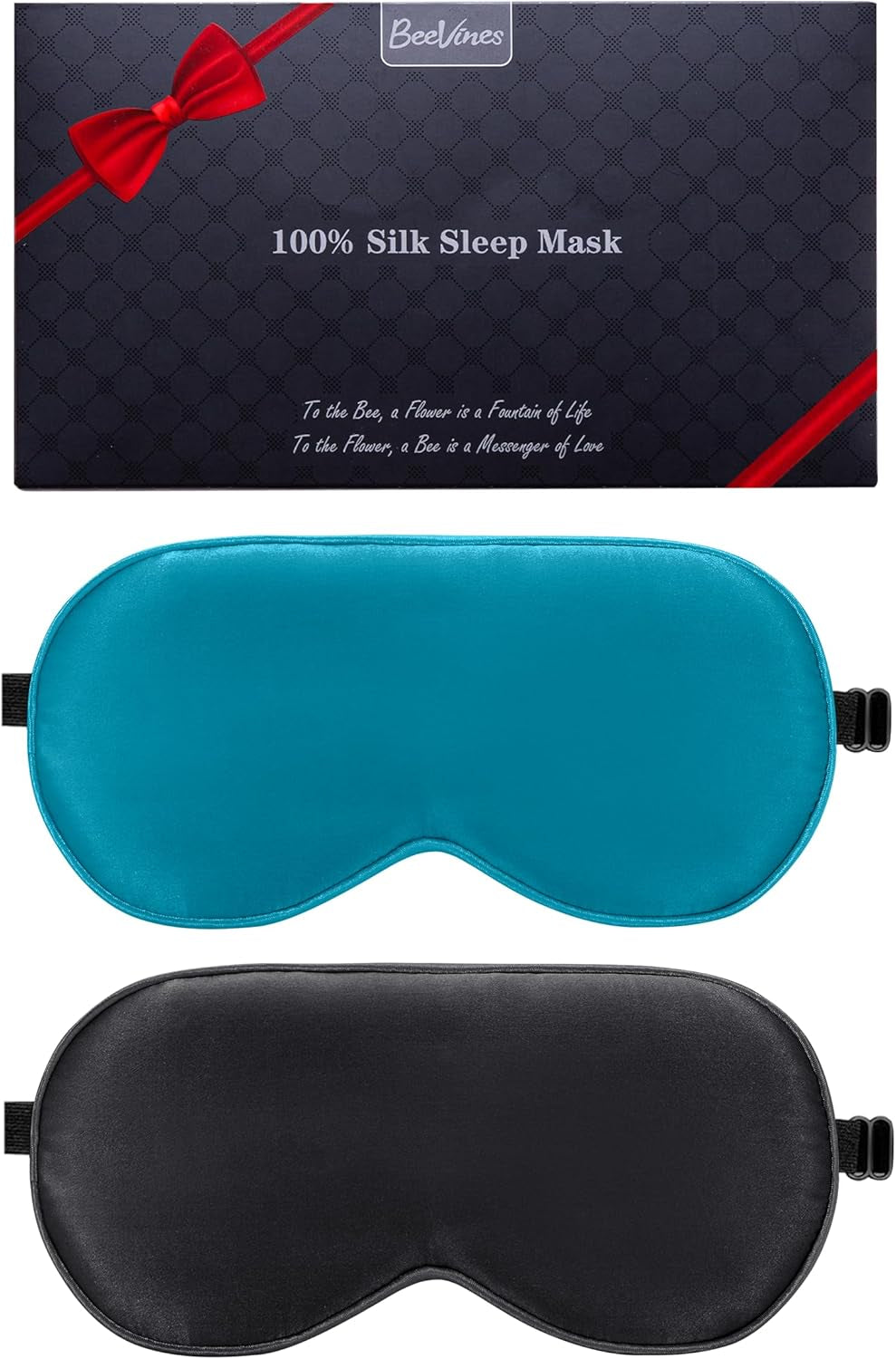 Beevines Sleep Mask, 2 Pack 100% Real Natural Pure Silk Eye Masks with Adjustable Strap for Sleeping, Mulberry Silk Eye Sleep Shade Cover, Blocks Light Reduces Puffy Eyes Traveling Gifts