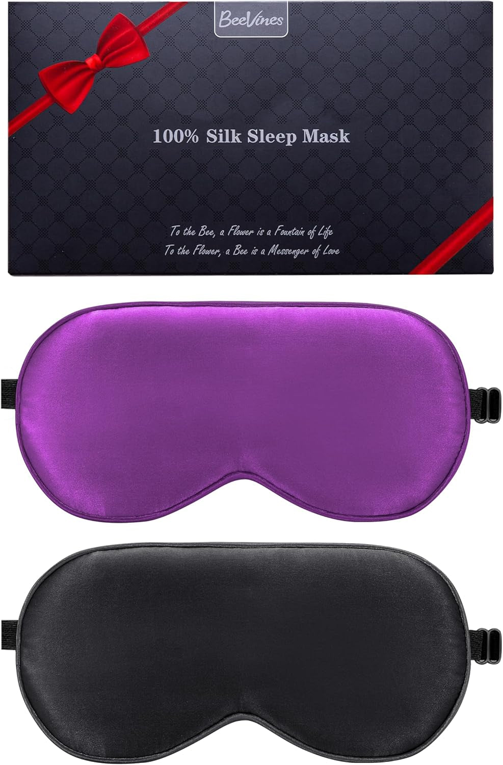 Beevines Sleep Mask, 2 Pack 100% Real Natural Pure Silk Eye Masks with Adjustable Strap for Sleeping, Mulberry Silk Eye Sleep Shade Cover, Blocks Light Reduces Puffy Eyes Traveling Gifts