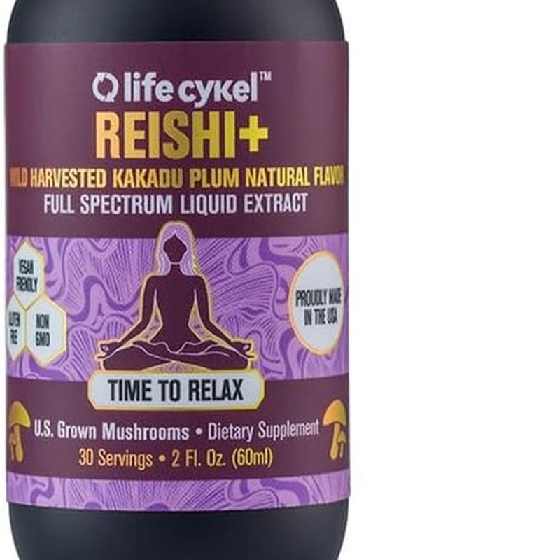 LIFE CYKEL Reishi Mushroom Extract W/Kakadu Plum- Adaptogen for Sleep Help, Relaxation & Cellular Support- 100% Organic Mushrooms, Antioxidants Vitamin C, 2Oz (Packaging May Vary)