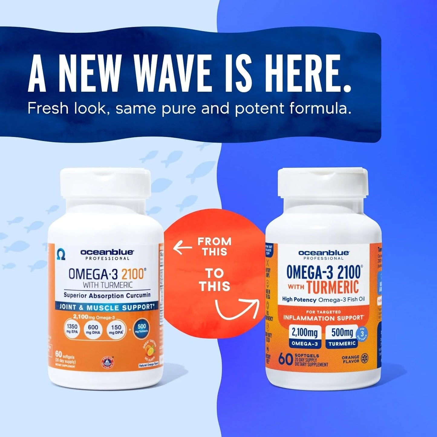 Oceanblue Professional Omega-3 2100 with Turmeric, 60 Count, Triple Strength Burpless Fish Oil, 20 Servings, Gluten-Free, Lactose-Free, No Artificial Ingredients, No Mercury