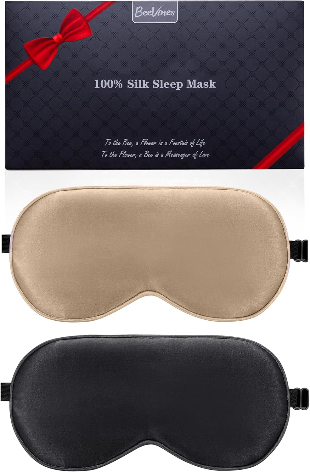 Beevines Sleep Mask, 2 Pack 100% Real Natural Pure Silk Eye Masks with Adjustable Strap for Sleeping, Mulberry Silk Eye Sleep Shade Cover, Blocks Light Reduces Puffy Eyes Traveling Gifts