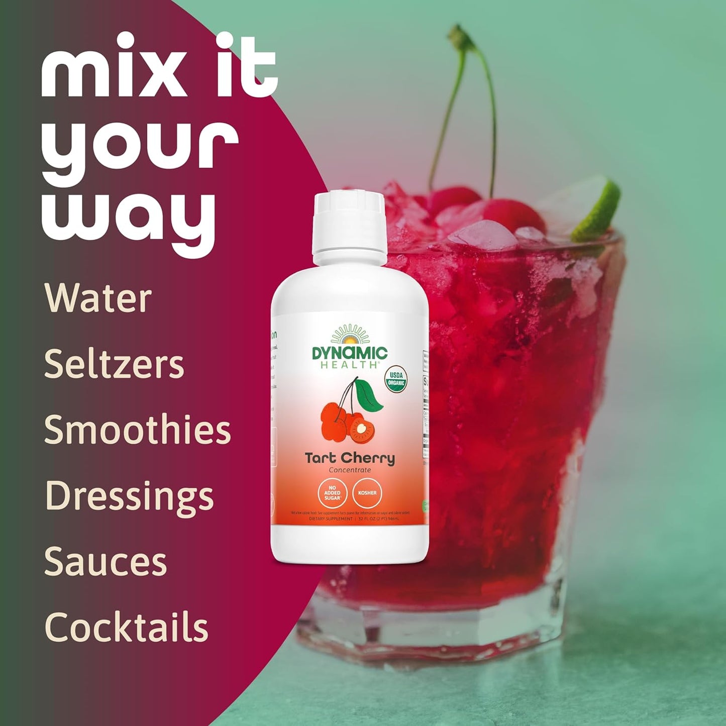 Dynamic Health Organic Tart Cherry Juice, Unsweetened 100% Juice Concentrate, Antioxidants Supplement, No Sweeteners or Additives, Vegan, Gluten Free, BPA Free, 32 Oz