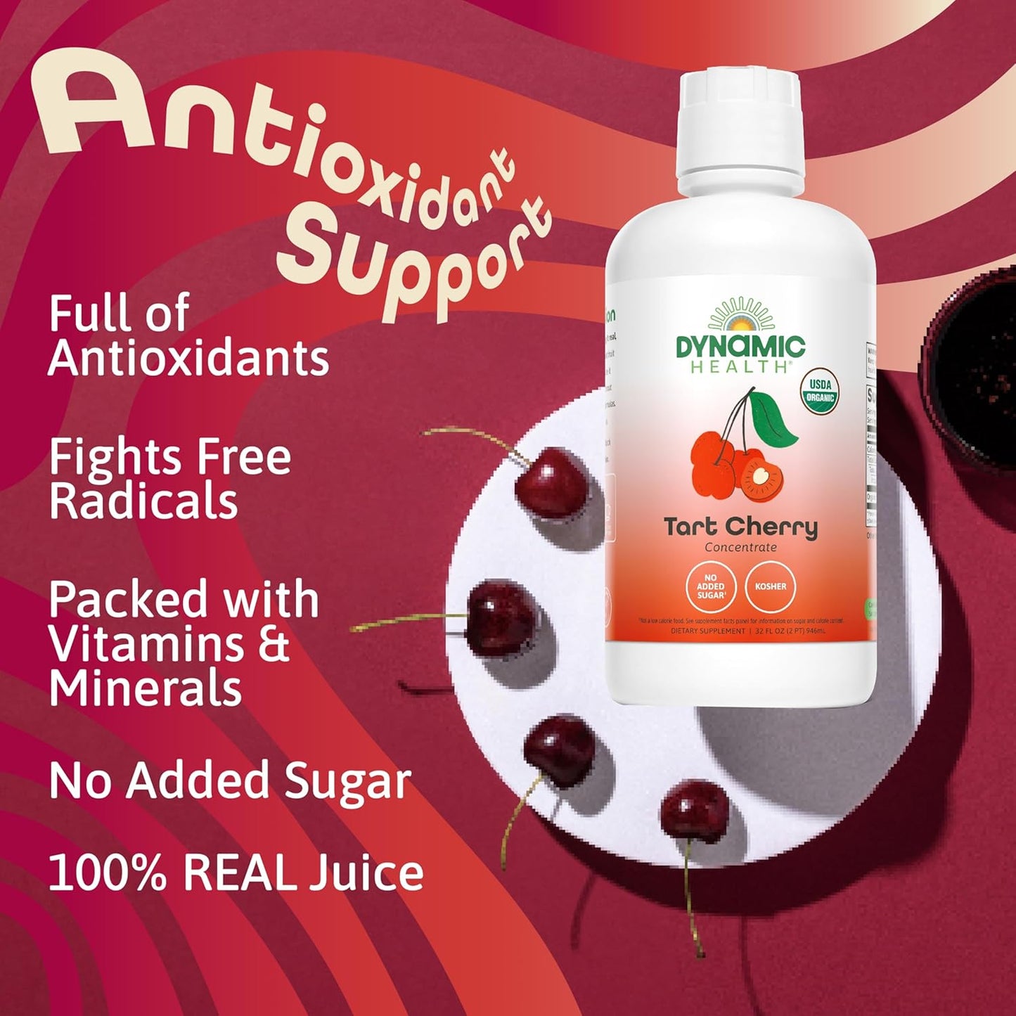 Dynamic Health Organic Tart Cherry Juice, Unsweetened 100% Juice Concentrate, Antioxidants Supplement, No Sweeteners or Additives, Vegan, Gluten Free, BPA Free, 32 Oz