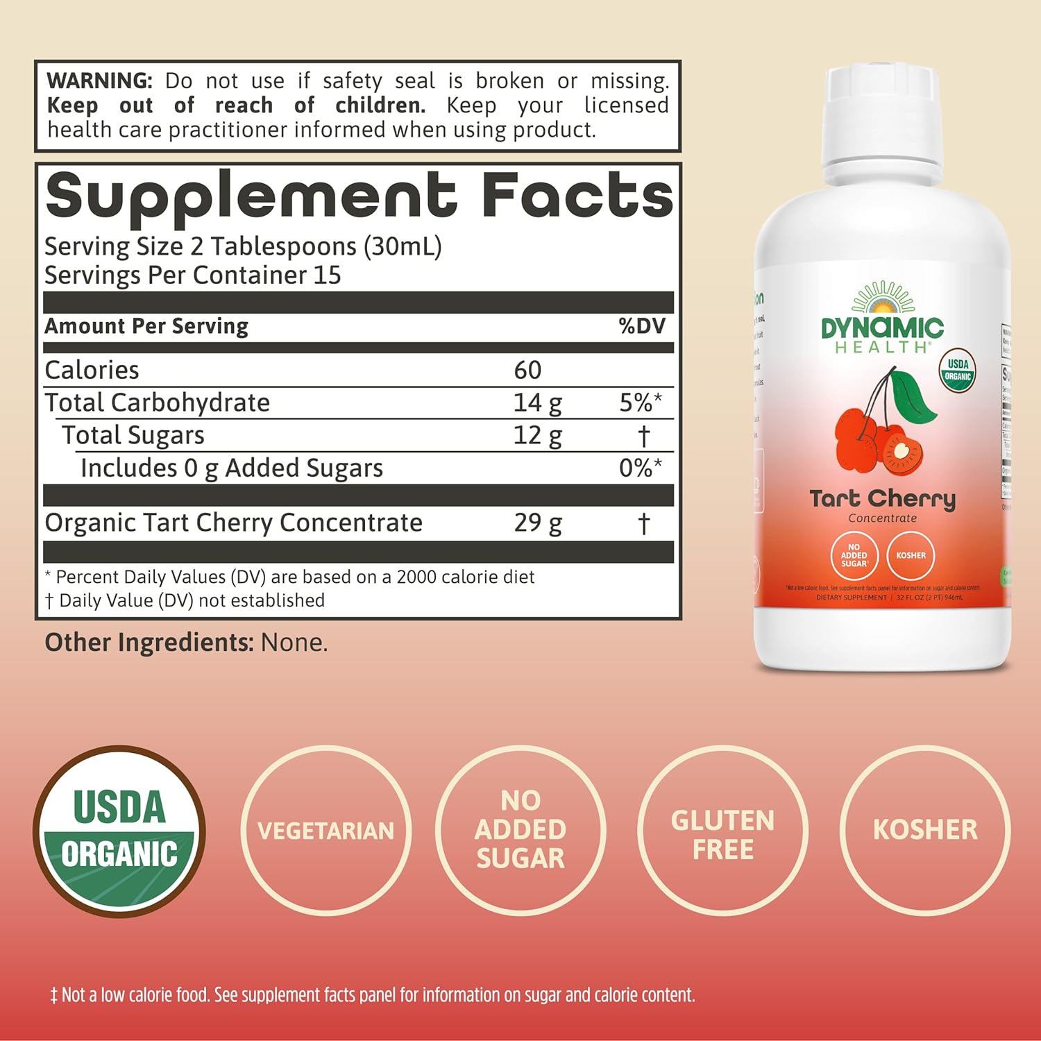 Dynamic Health Organic Tart Cherry Juice, Unsweetened 100% Juice Concentrate, Antioxidants Supplement, No Sweeteners or Additives, Vegan, Gluten Free, BPA Free, 32 Oz