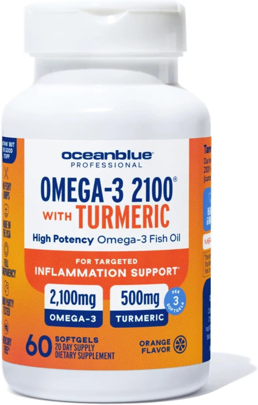 Oceanblue Professional Omega-3 2100 with Turmeric, 60 Count, Triple Strength Burpless Fish Oil, 20 Servings, Gluten-Free, Lactose-Free, No Artificial Ingredients, No Mercury