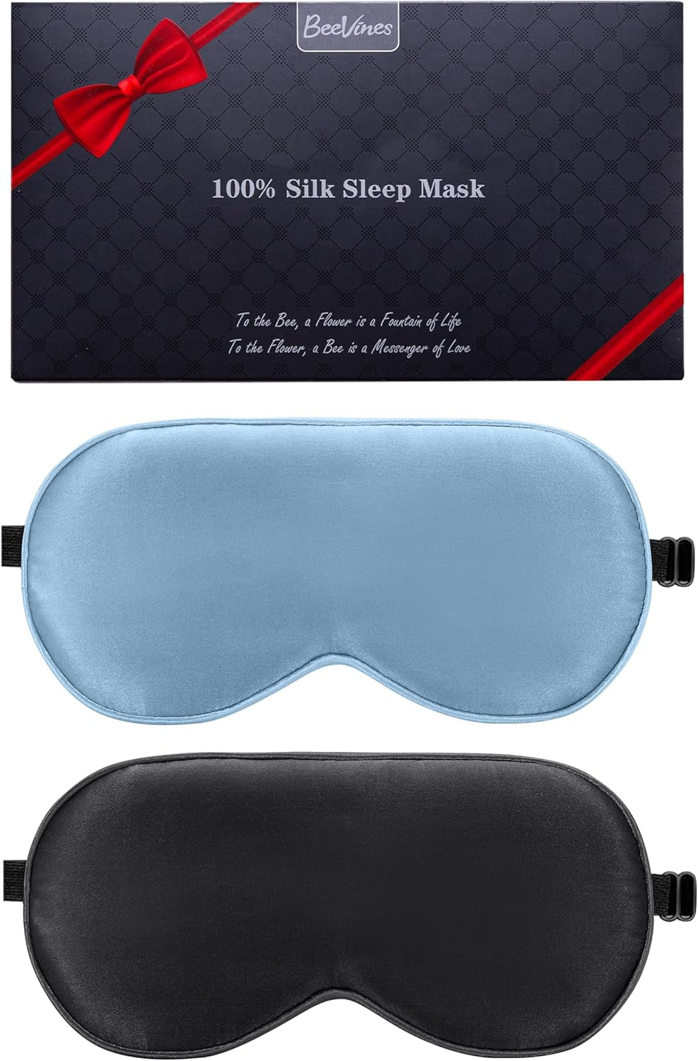 Beevines Sleep Mask, 2 Pack 100% Real Natural Pure Silk Eye Masks with Adjustable Strap for Sleeping, Mulberry Silk Eye Sleep Shade Cover, Blocks Light Reduces Puffy Eyes Traveling Gifts