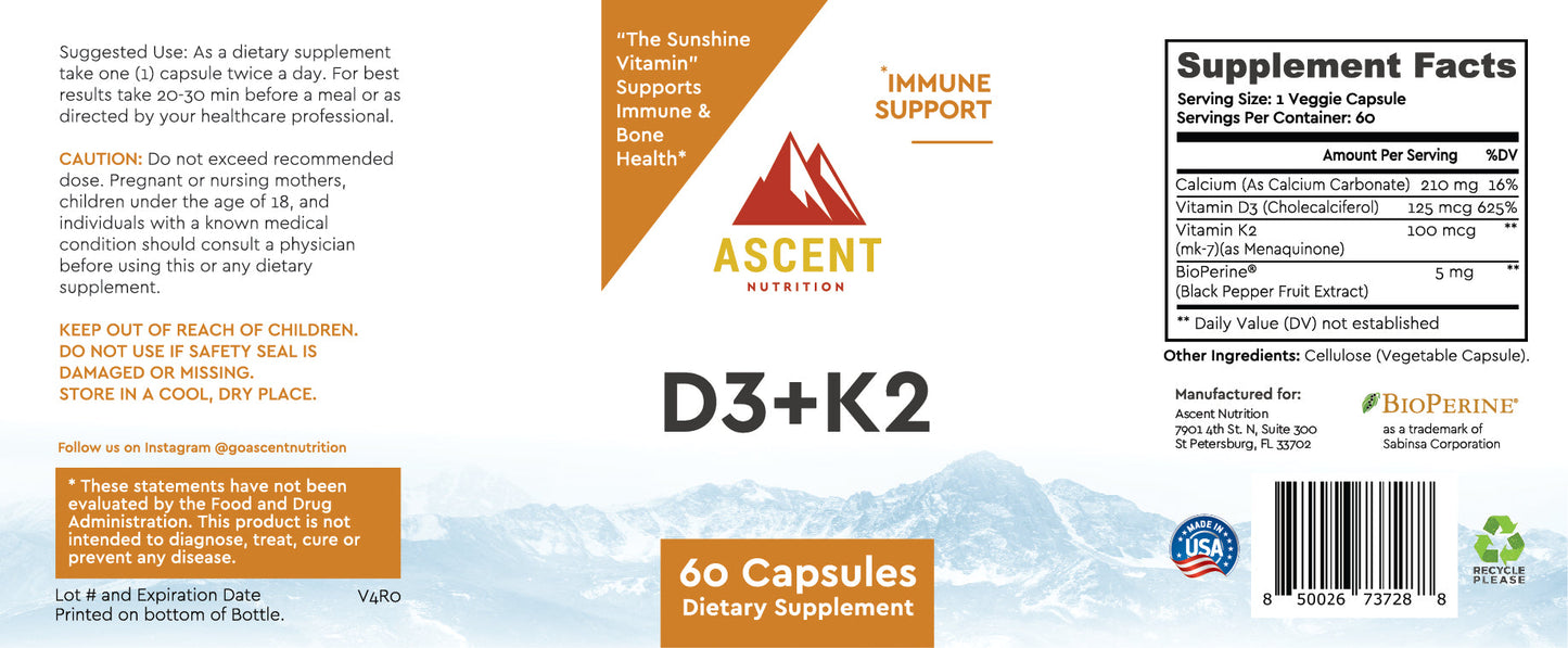 Ascent Nutrition D3 + K2, 60 Capsules, 125 mcg D3 + 100 mcg K2