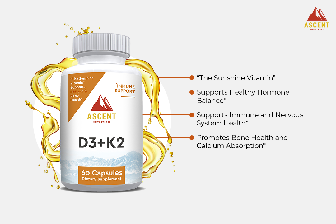 Ascent Nutrition D3 + K2, 60 Capsules, 125 mcg D3 + 100 mcg K2