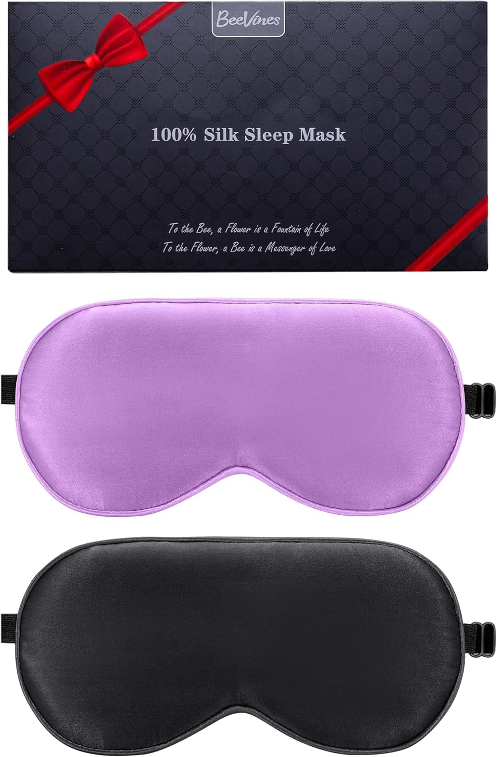 Beevines Sleep Mask, 2 Pack 100% Real Natural Pure Silk Eye Masks with Adjustable Strap for Sleeping, Mulberry Silk Eye Sleep Shade Cover, Blocks Light Reduces Puffy Eyes Traveling Gifts