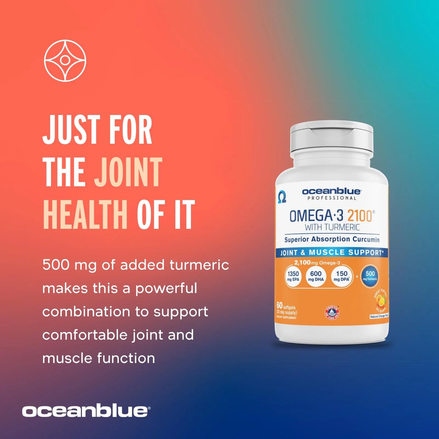 Oceanblue Professional Omega-3 2100 with Turmeric, 60 Count, Triple Strength Burpless Fish Oil, 20 Servings, Gluten-Free, Lactose-Free, No Artificial Ingredients, No Mercury