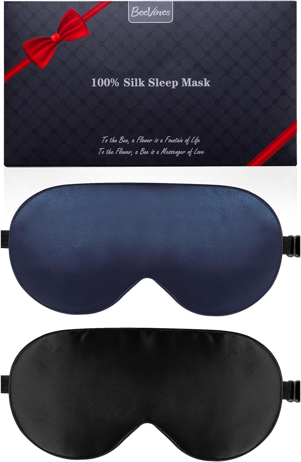 Beevines Sleep Mask, 2 Pack 100% Real Natural Pure Silk Eye Masks with Adjustable Strap for Sleeping, Mulberry Silk Eye Sleep Shade Cover, Blocks Light Reduces Puffy Eyes Traveling Gifts