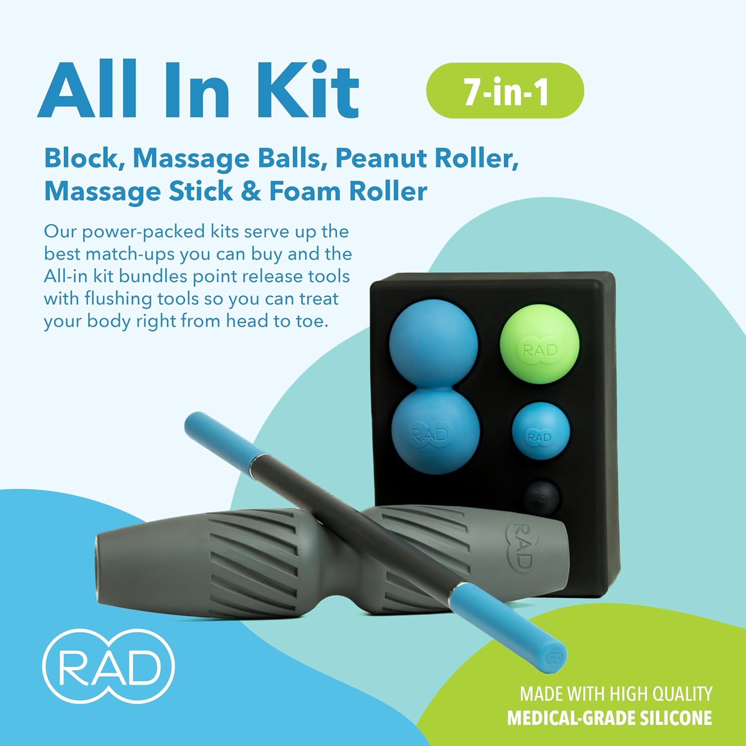 RAD All in 7-In-1 Foam Roller Set - Myofascial Release Kit - Includes Massage Roller Stick, Foam Roller, Yoga Block, Peanut Roller Ball Massager, Massage Balls - Massage Tools for Mobility & Recovery