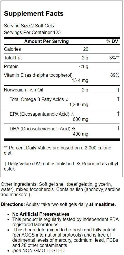 Carlson Wild Caught Super Omega-3 Gems, 1200 Mg, 250 Soft Gels,