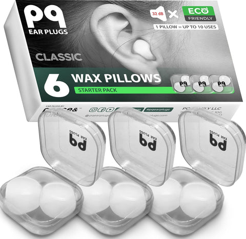 PQ Wax Ear Plugs for Sleep - 6 Silicone Wax Earplugs