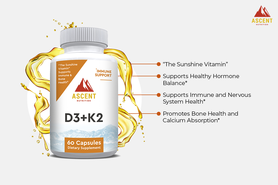 D3 + K2, 60 Capsules, 125 mcg D3 + 100 mcg K2