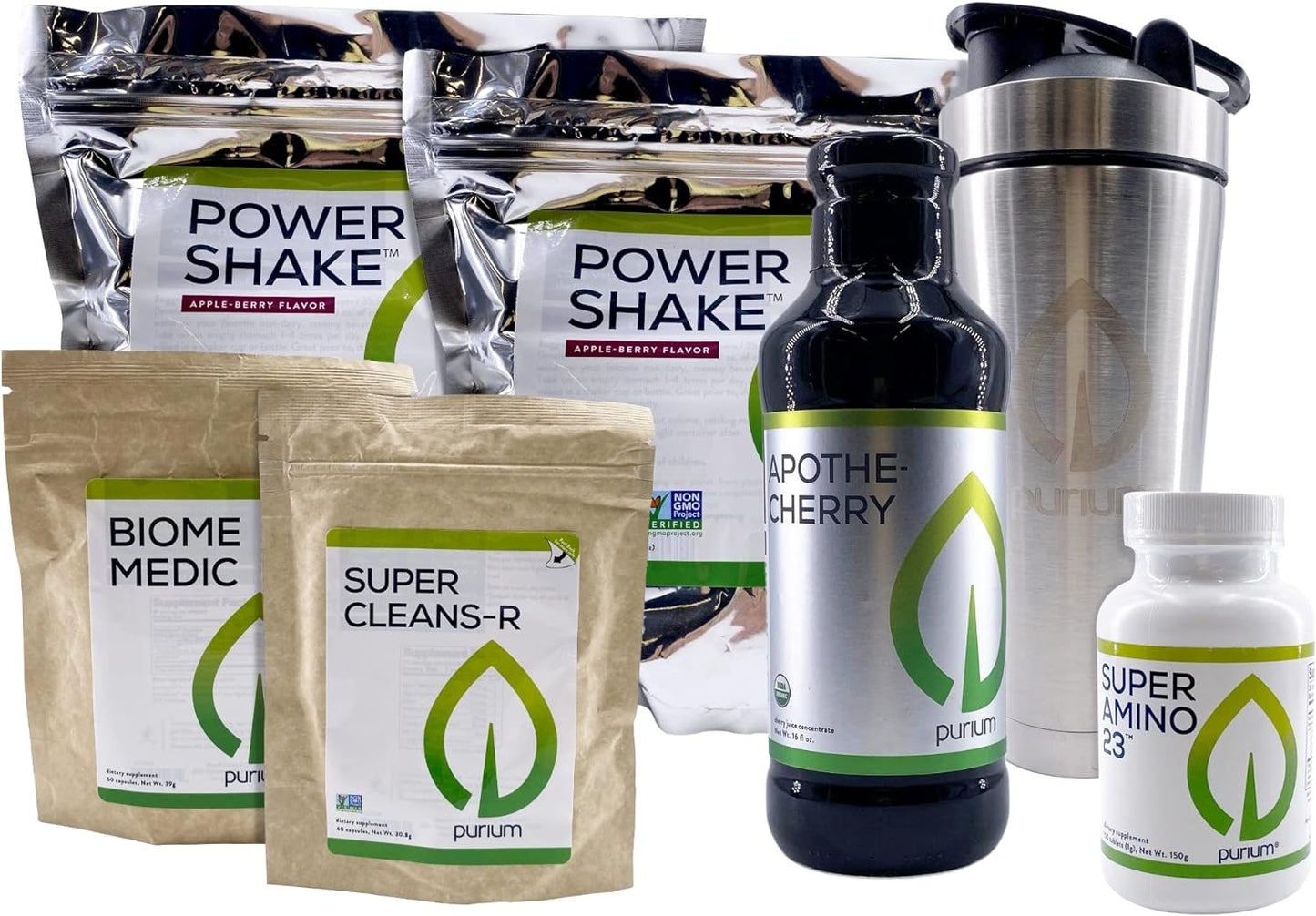 Purium Cleansing + Fitness Bundle - Includes Power Shake (Apple Berry), Apothe-Cherry, Super Amino 23, Super Cleansr, Biome Medic, & Blender Bottle