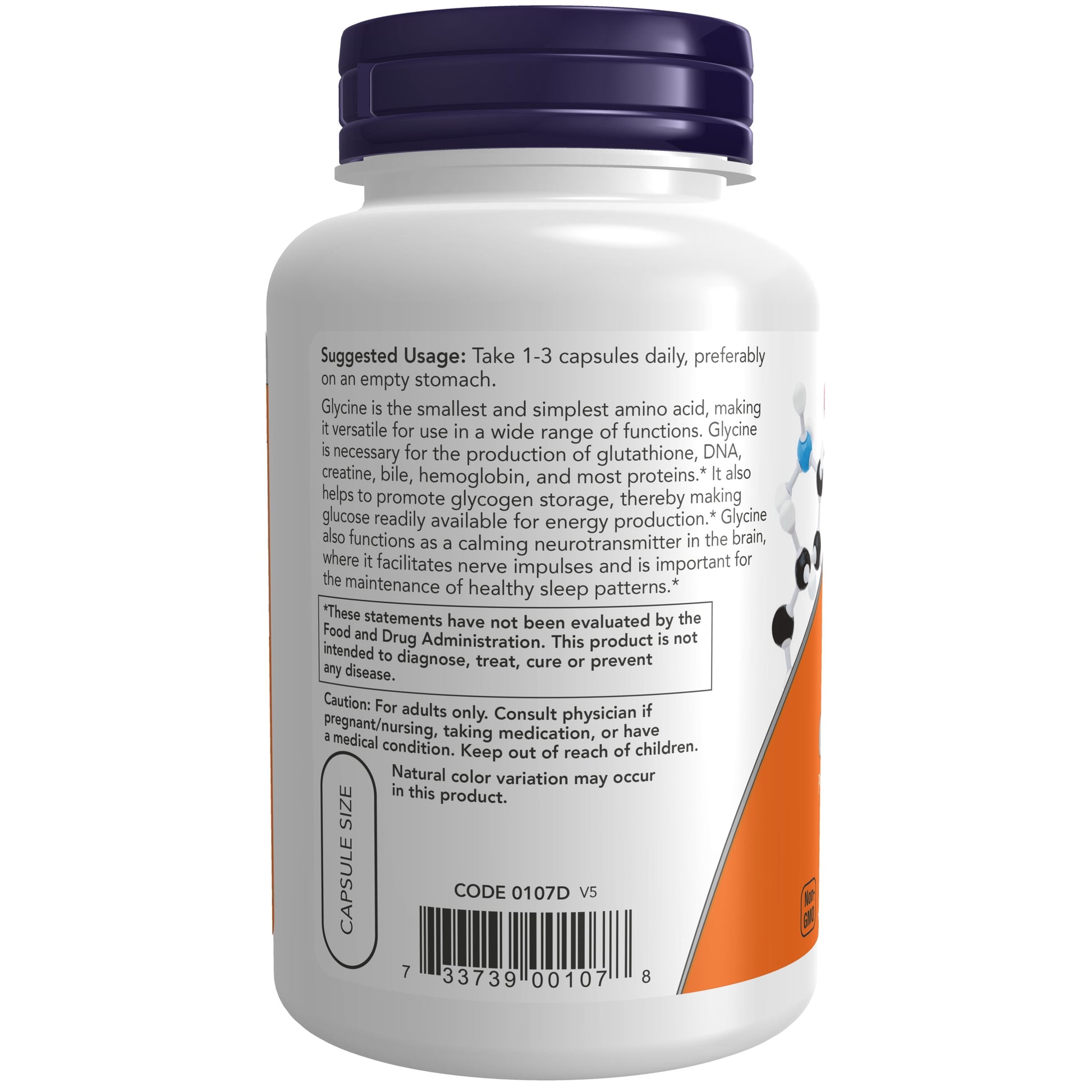 NOW Supplements, Glycine 1,000 Mg Free-Form,100 Veg Capsules